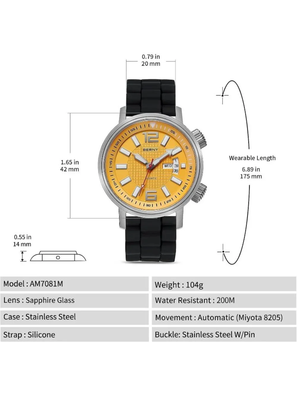 Men's Yellow Automatic Dive Waterproof Mechanical Movement Silicone Band Watches